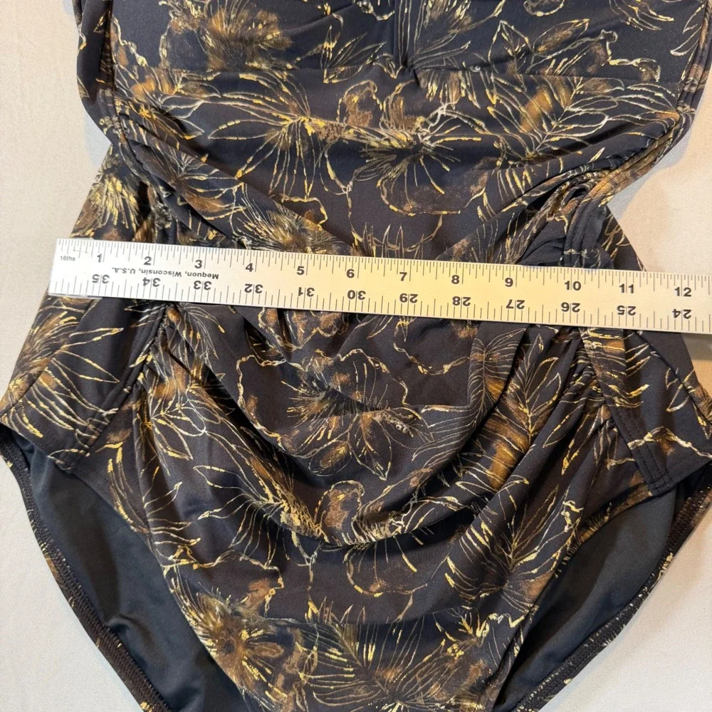 Niptuck Swim Black Gold Foil Floral Rouching One Piece Swimsuit‎ Cup Size 8